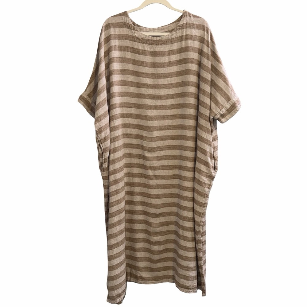 YESNO Linen Long Maxi Striped Dress With Pockets And Bat Wings. Boho Beachy
